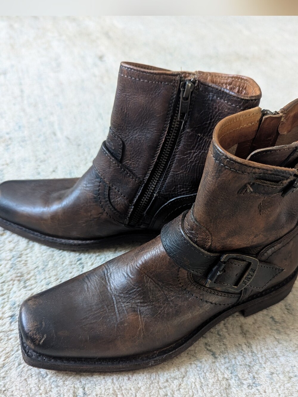 Frye Wmn's Distressed Brown Leather Zip Ankle Boots with Buckles